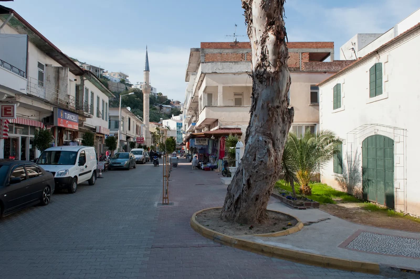 Finike ilçe merkezinde Atatürk Caddesi, iki yanında dükkânlar ve ağaçlar