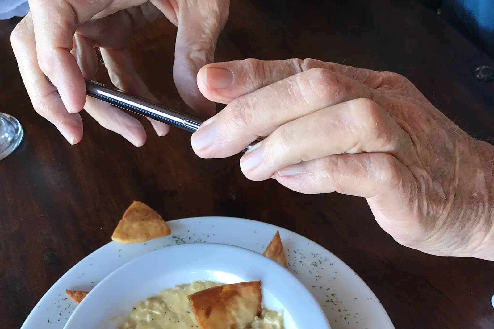 Restoran masasında, servis edilen yemeğin fotoğrafını akıllı telefonla çeken eller