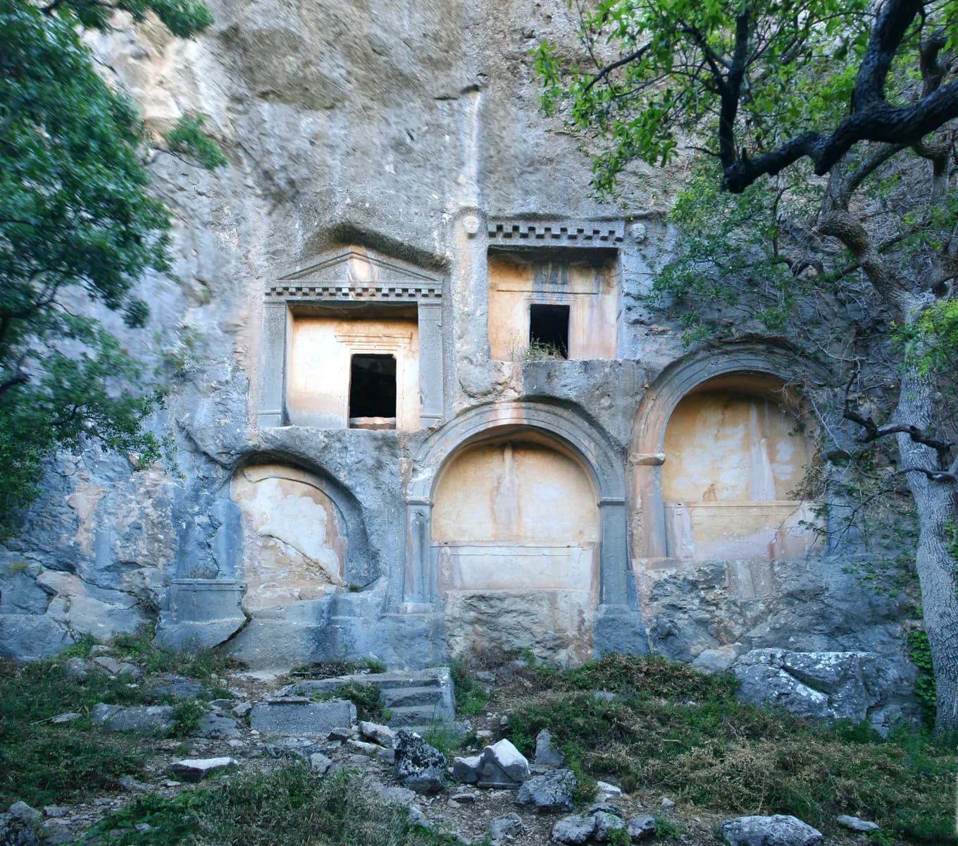 Termessos'ta kayaya oyulmuş anıtsal mezarlar ve ağaçlar