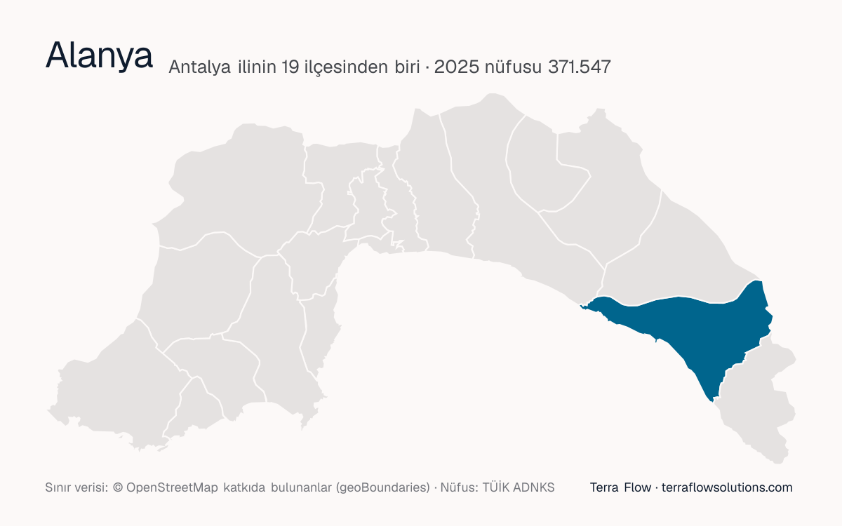 Alanya ilçesinin Antalya ilçe haritasındaki konumu