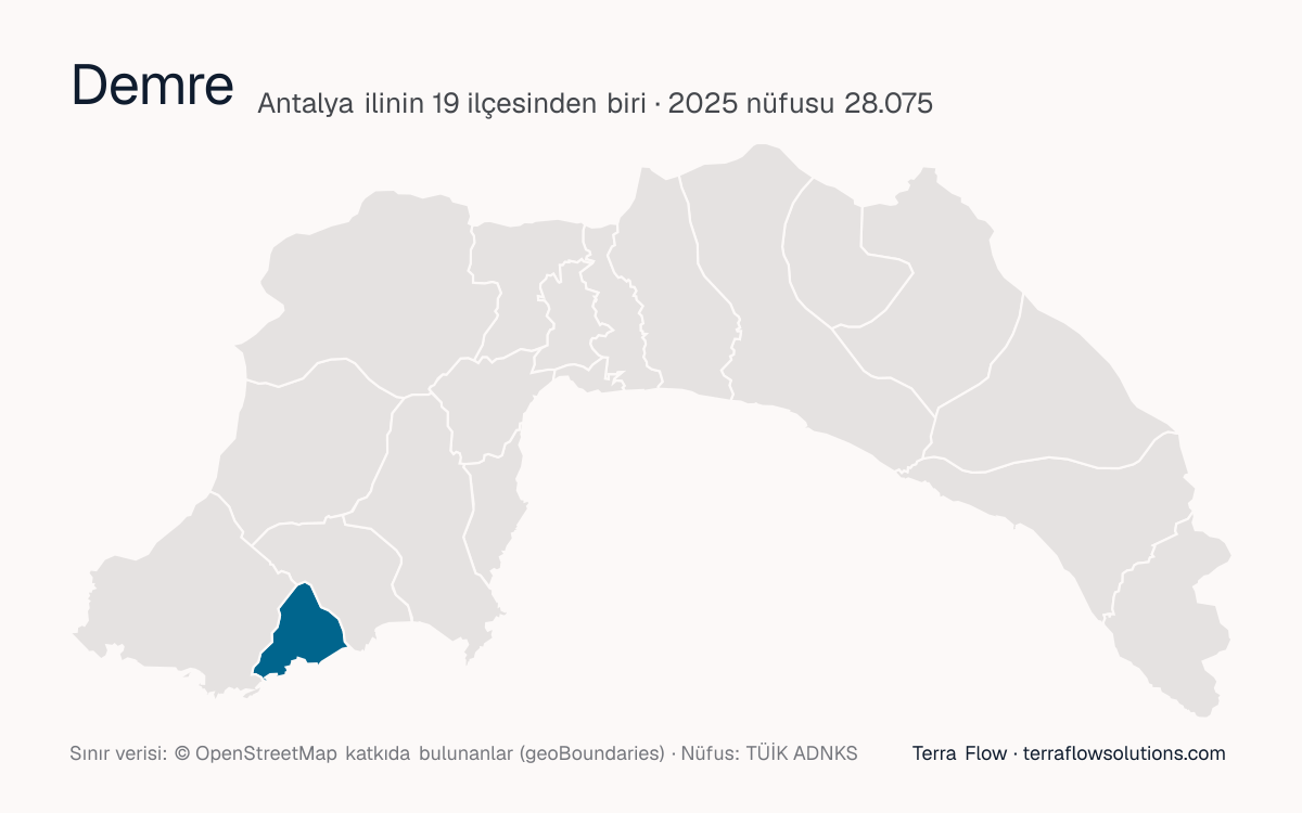 Demre ilçesinin Antalya ilçe haritasındaki konumu