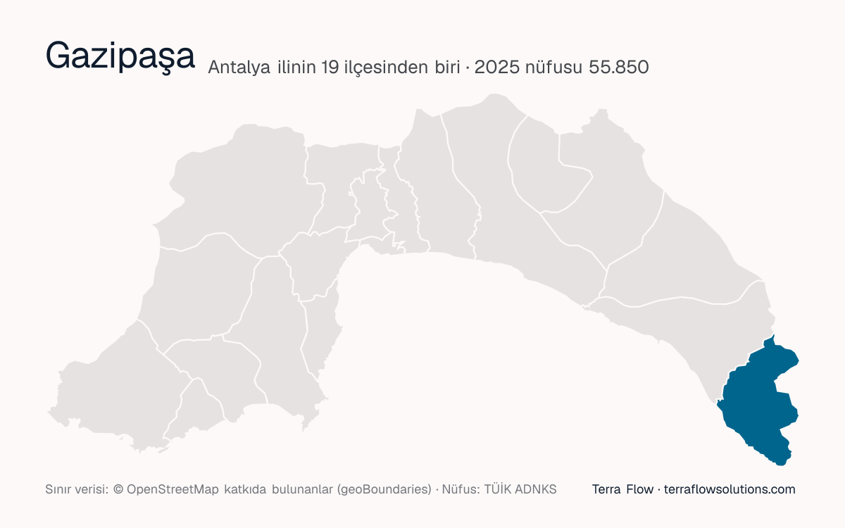 Gazipaşa ilçesinin Antalya ilçe haritasındaki konumu